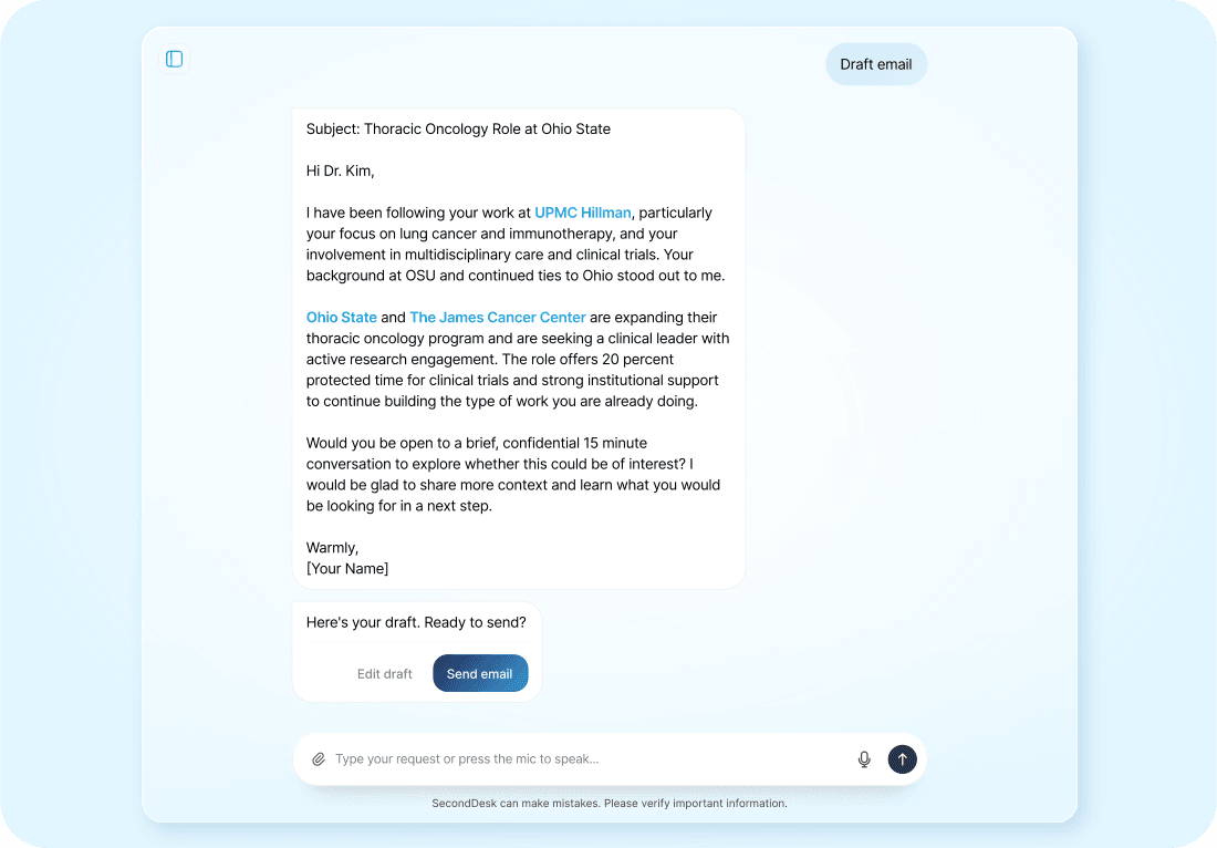 A personalized outreach email drafted for review inside the SecondDesk chat